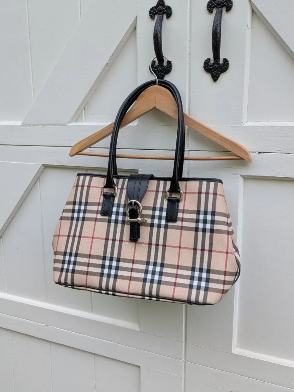 Burberry Nova Check Canvas & Black Leather Buckle Handbag (Established 1856)